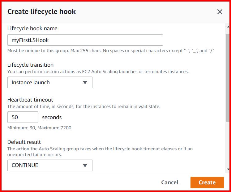 Picture showing the create lifecycle hook screen for creating the new lifecycle hook